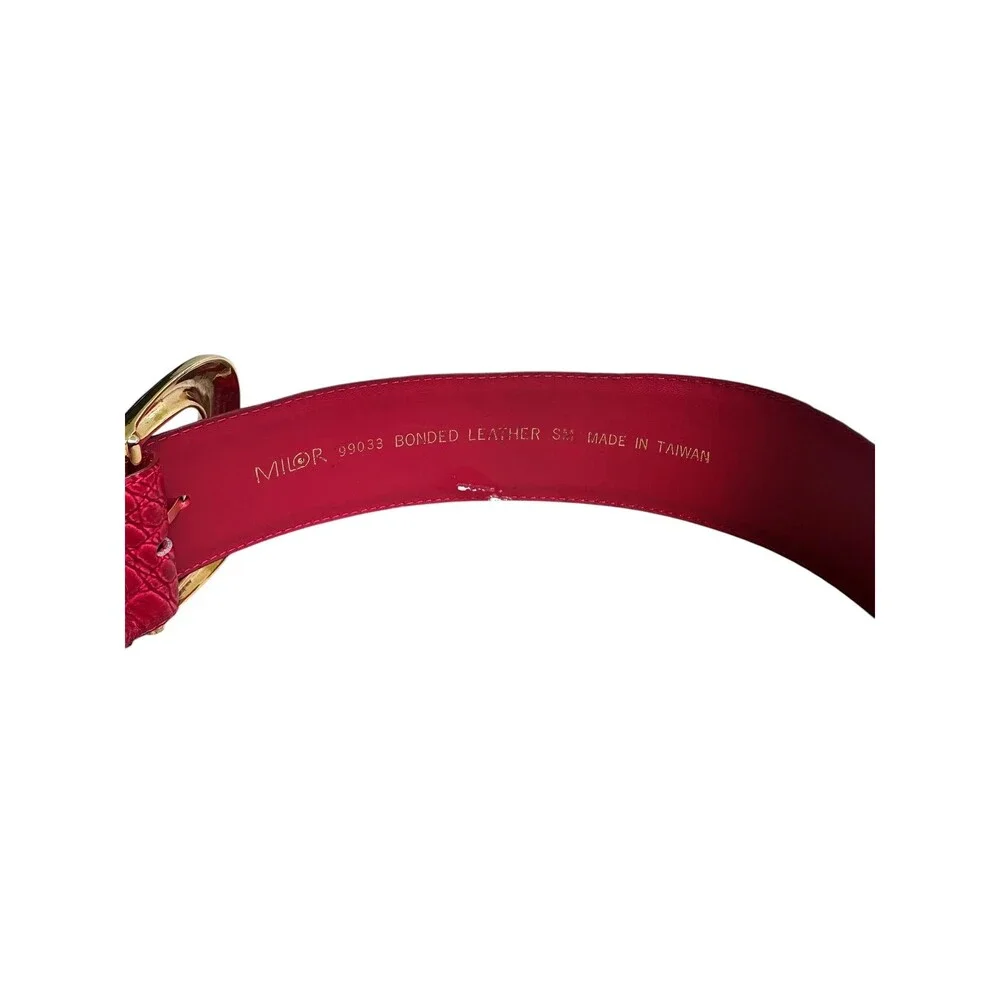Vintage Milor Red Embossed Leather Belt, Big Gold Buckle, Size Small 32